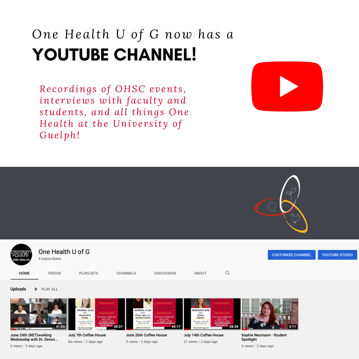 OHstudentsuofg's tweet photo. OHSC officially has a YouTube Channel! If you've missed a #networking night or weren't able to make it to a #researchbite, you can watch it at any time at One Health U of G! Visit https://t.co/U5D1ASMrt4 to check all the great One Health content!

📽️🎬 https://t.co/0UQEh22IV8