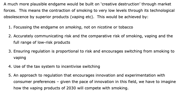 7/ Phasing out cigarettes by *brute force* rather than by creative destruction through consumer demand for alternatives will fail. Cigarettes could be marginalised in 10-15 years - but only if everyone gets behind the alternatives and the propaganda stops. https://www.clivebates.com/vaping-tobacco-harm-reduction-nicotine-science-and-policy-q-a/#Q1