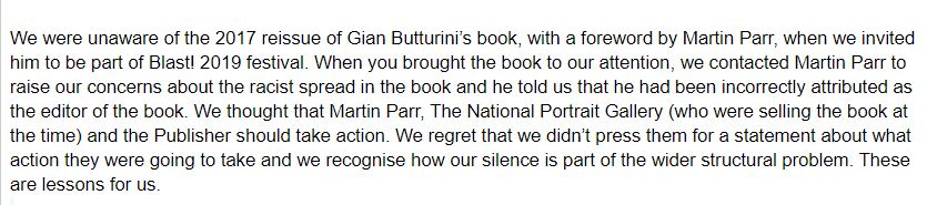 Big Problem.  @Multistory's Director  @emma_multistory had sent me a statement the same day:''When you brought the book to our attention, we contacted Martin Parr to raise our concerns about the racist spread in the book'In May 2019.