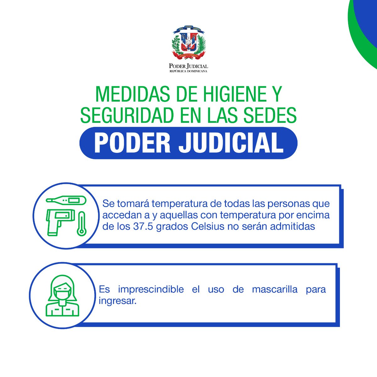 PoderJudicialRD's tweet photo. Durante la Fase Avanzada, las citas presenciales serán atendidas respondiendo a las medidas de higiene y seguridad para acceder a nuestras sedes y oficinas, por lo tanto, requerimos de su cooperación con el cumplimiento de las mismas. https://t.co/DrRsMUY0yY