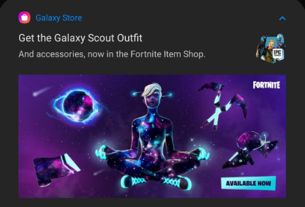 Uzivatel Shiina Na Twitteru The Galaxy Scout Outfit Will Be Available In The Item Shop Tonight Samsung Has Accidentally Sent Out A Notification Too Early Which Confirms This Via Ifiremonkey Daryann