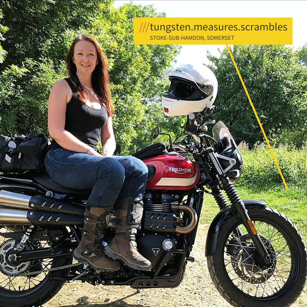 EmmaLucy on her bike at ///tungsten.measures.scrambles in Stoke-Sub-Hamdon in Somerset