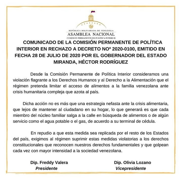 FreddyValera_AD's tweet photo. #31Jul | Comunicado de la Comisión Permanente de Política Interior de la @asambleave en rechazo a Decreto No. 2020-0100, emitido en fecha 28 de julio de 2020 por el gobernador del Estado Miranda, Héctor Rodríguez #GestionAN https://t.co/IcZ2XQHe1O