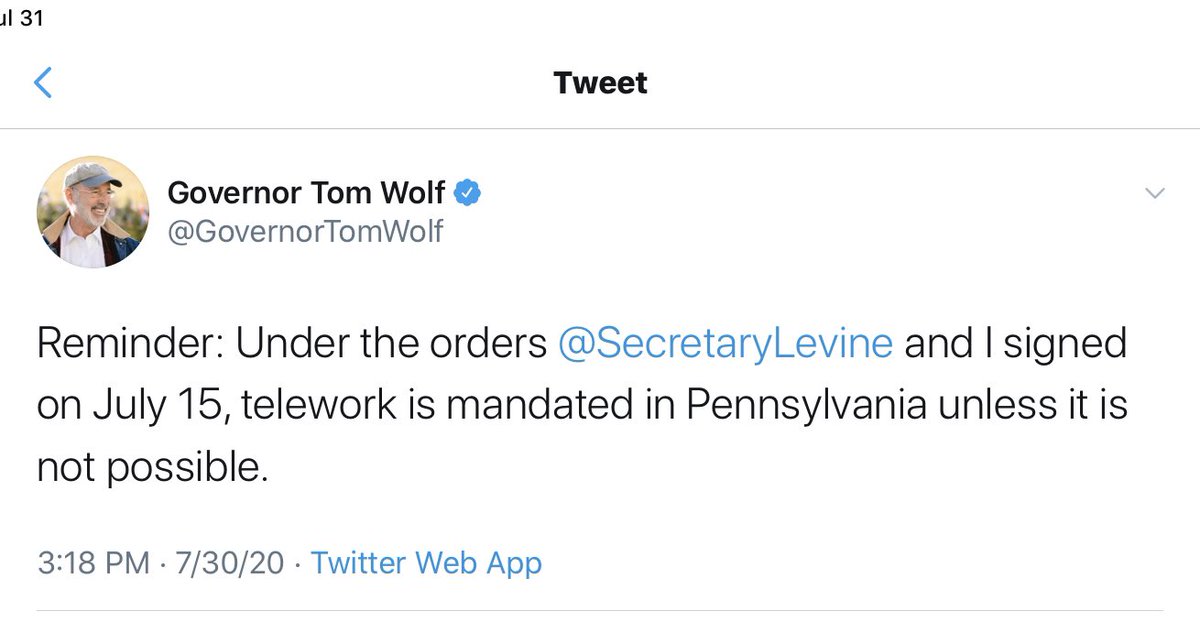 @GovernorTomWolf Yesterday you tweeted about telework being mandated and today you tweet about school opening being left up to districts. So what I hear you saying is telework,  is good for everyone, except teachers!