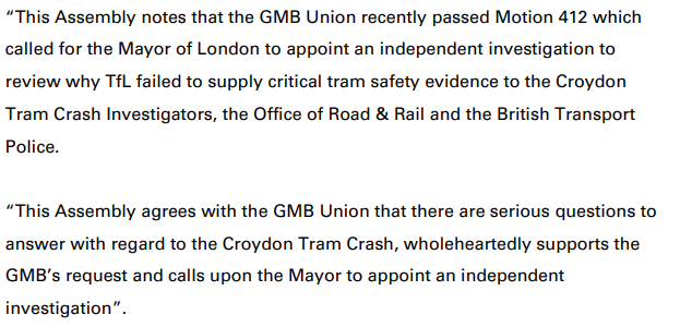 Context. In the aftermath of the Sandilands tram crash,  @TfL failed to pass on a critical fatigue audit to investigators. The failure was never investigated. In July 2019 the  @LondonAssembly passed a resolution calling on the Mayor to appoint an independent investigator. 2/9