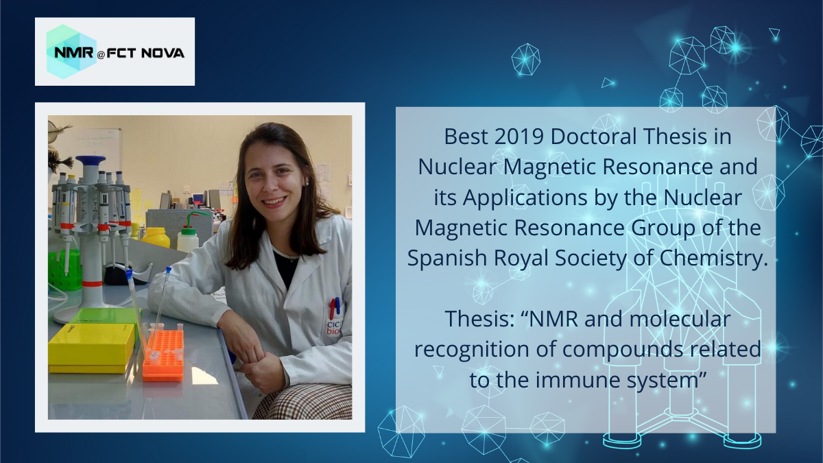 NMRFCTNOVA1's tweet photo. We're pleased to announce that Dr. Helena_Coelho was awarded the Best 2019 Doctoral Thesis award in Nuclear Magnetic Resonance and its applications by the Nuclear Magnetic Resonance Group of the Spanish Royal Society of Chemistry (GE-RMN -RSEQ). Congrats! #nmr #science #nmraward https://t.co/C42IVZXRvG