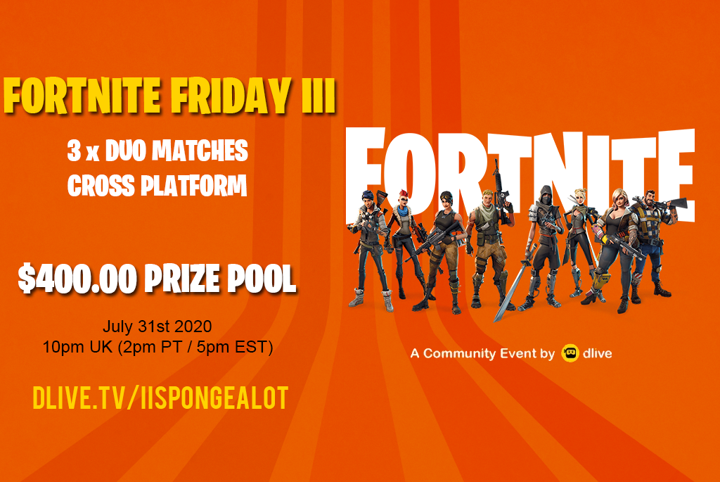 OfficialDLive's tweet image. Fortnite Friday III is going LIVE in 10 minutes! See y'all soon and best of luck to the participating duos! 💪💥

Join the event at 
👉dlive.tv/iiSpongeAlot👈

#DLiveTV #Fortnite