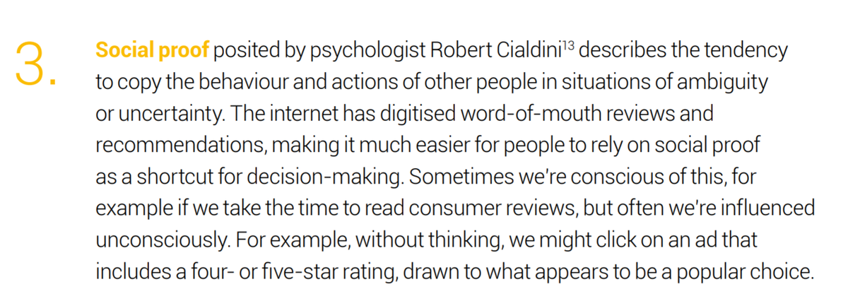 The Six Biases: 3.Third is 'social proof'.This gets talked about the most. A product with 3,000 reviews at 5 stars is more likely to be clicked than the product next to it with 1 review and 4 stars, because our brains think "3000 people thought it was great, must be better"