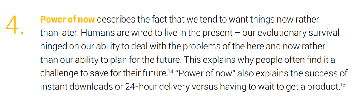 The Six Biases: 4.Fourth is 'the power of now'.Signalling related to this can help increase the likelihood of purchase. For example: "Order now for August delivery" is probably better than "Order now for delivery within 30 days", even if they're both ultimately the same.