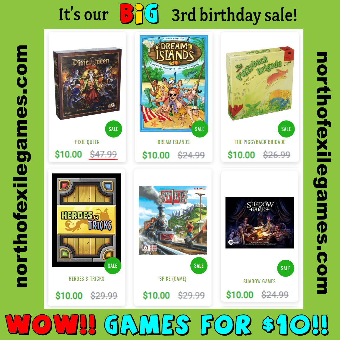 NorthOfExile's tweet photo. Hey Canada!  Our 3rd birthday sale has some HUGE deals on #BoardGames - get these games for only $10 each!

Love trains?  Pick up a copy of #spike by @RnRGames 
Enjoy worker placement games?  Grab a copy of #PixieQueen by @Game_Brewer!

Shop online now:
https://t.co/8NuledBD9i https://t.co/en3eQNym5o