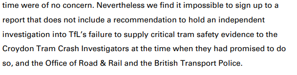 Today's report by the  @LondonAssembly Transport Committee fails to reiterate the majority decision of the full Assembly to call on the Mayor to appoint an independent investigation. To their credit, the Conservative and Brexit Members therefore dissented. 5/9