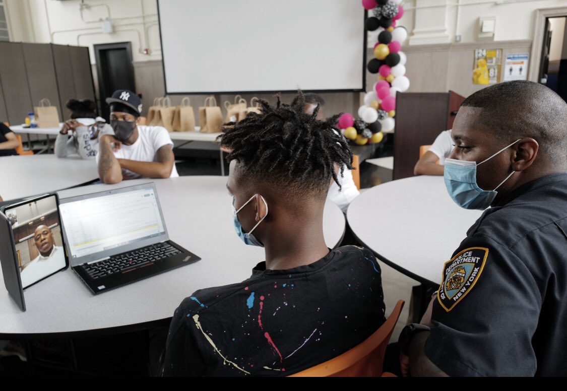 NYCTogetherOrg's tweet photo. @NYPD73Pct Officer Calhoun &amp; Project LEAD’s Jahlil along w/ 21 other #copsandkids had a solution-focused convo with @BKBoroHall about gun violence &amp; the need for a public safety ecosystem that avoids criminal solutions to social problems 

 #syep is a crime reduction  strategy https://t.co/NgkcRiTNS8