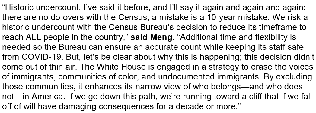 9. NEW: In response to  @NPR’s reporting about the Census Bureau cutting short  #2020Census door knocking by a month,  @RepGraceMeng (D-N.Y.) says: "We risk a historic undercount with the Census Bureau’s decision to reduce its timeframe to reach ALL people in the country."