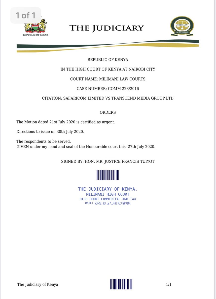 Effective 1.7.2020 all orders issued by Courts in Nairobi have a barcode. Whoever wants to verify the authenticity of the order need not go back to Court or the Attorney General as falsely asserted by CS Interior Dr Fred Matiang’i. Let us go digital and not analogue. ^POLSK