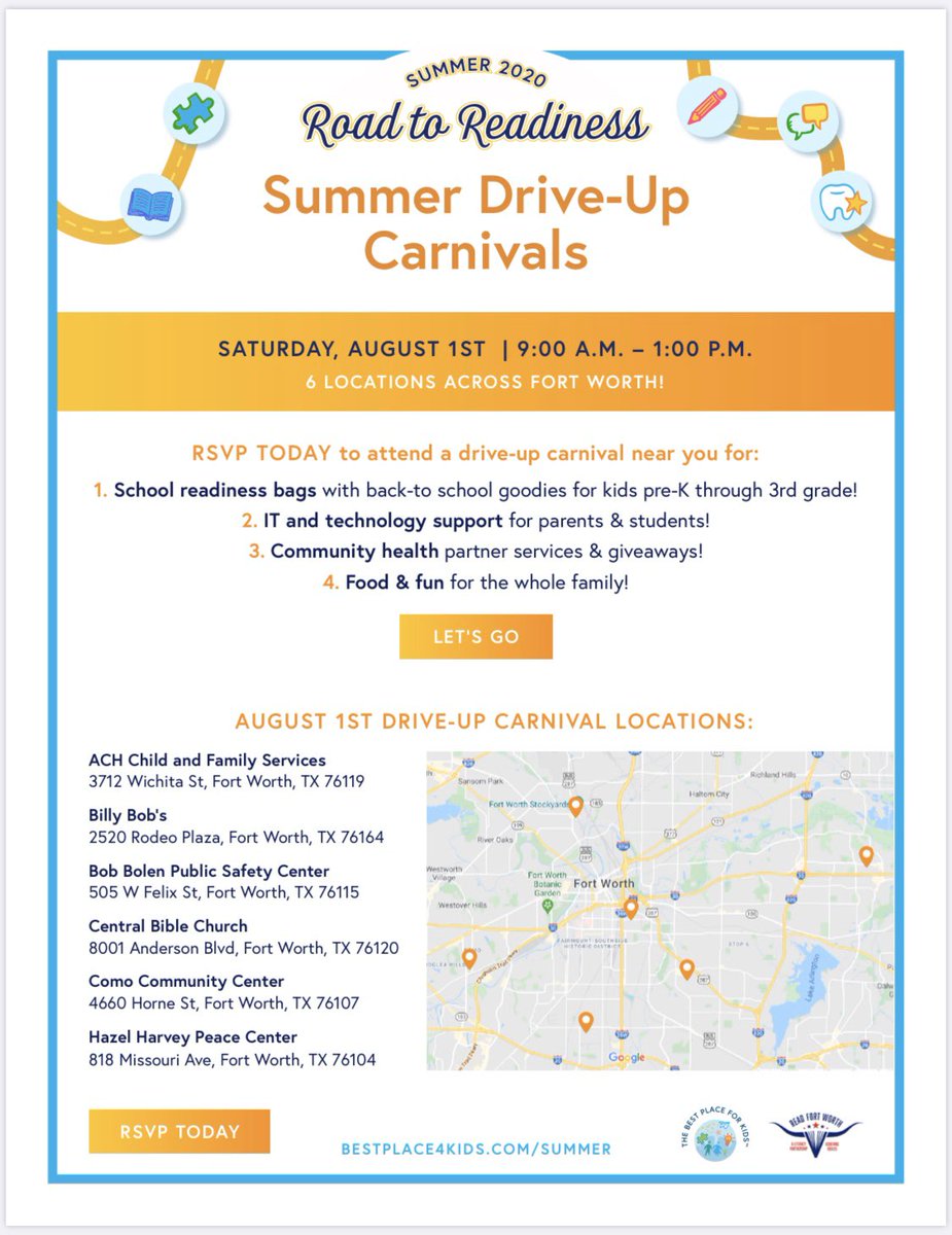 On August first, the exciting free resource event “Summer Drive-Up Carnivals” will take place in six locations across Fort Worth! This is a great opportunity to get some school supplies and questions answered! Follow this link to register  bestplace4kids.com/summer-drive-u…