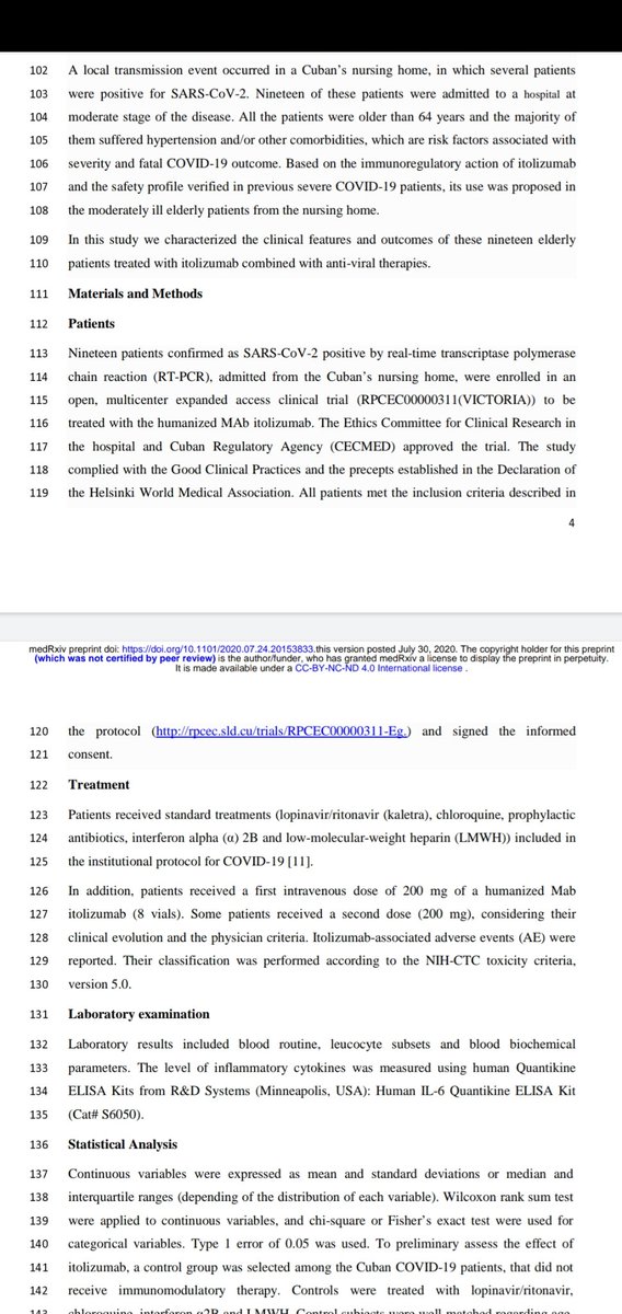  https://www.medrxiv.org/content/10.1101/2020.07.24.20153833v1 part of  #VICTORIA trial, IIC RD-EC 179 (Cuba) on  #Itolizumab  #COVID19. It's not RCT, claim of mortality reduction is HOAX. Initial protocol was for severe cases, later included moderate cases. Nothing conclusive, just observational.  https://mobile.twitter.com/das_seed/status/1288105916689195008