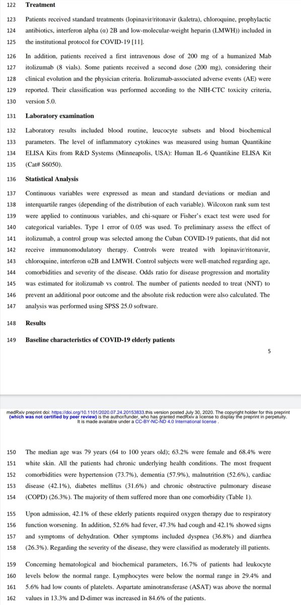  https://www.medrxiv.org/content/10.1101/2020.07.24.20153833v1 part of  #VICTORIA trial, IIC RD-EC 179 (Cuba) on  #Itolizumab  #COVID19. It's not RCT, claim of mortality reduction is HOAX. Initial protocol was for severe cases, later included moderate cases. Nothing conclusive, just observational.  https://mobile.twitter.com/das_seed/status/1288105916689195008