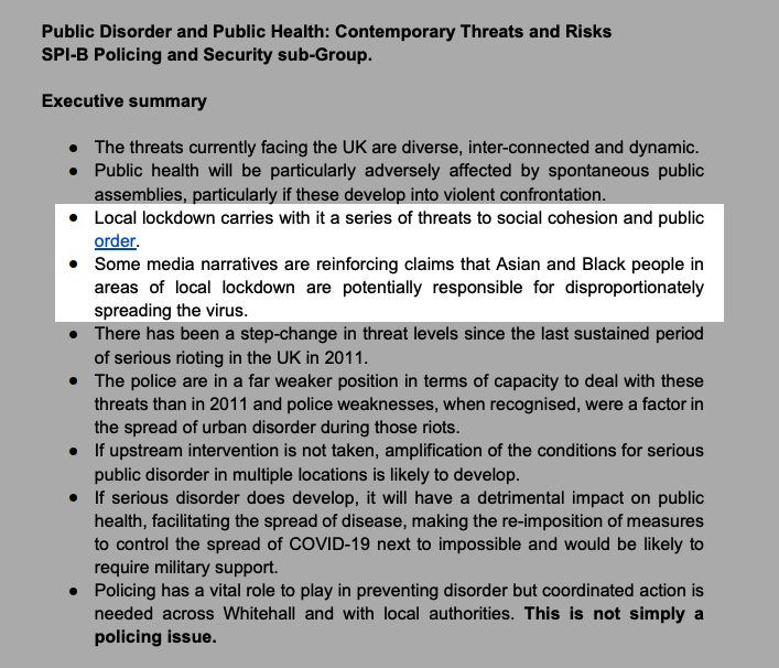 "Local lockdown carries with it a series of threats to social cohesion and public order.Some media narratives are reinforcing claims that Asian and Black people in areas of local lockdown are potentially responsible for disproportionately spreading the virus."