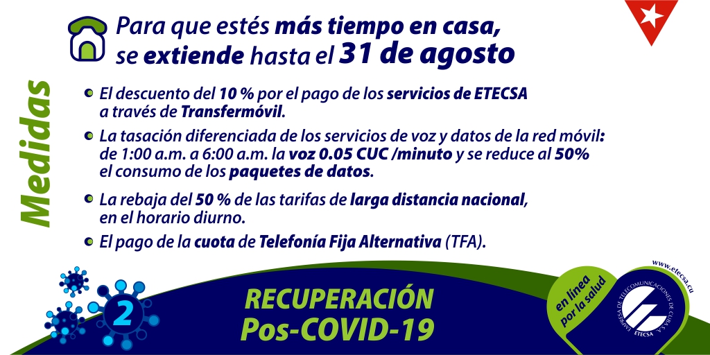 ETECSA_Cuba's tweet photo. Para que estés más tiempo en casa🏠👉#ETECSA extiende medidas hasta el 31 de agosto #QuedateEnCasa 
#CubaSalvaVidas #ETECSAesdelPueblo https://t.co/HWiqBGMCoH