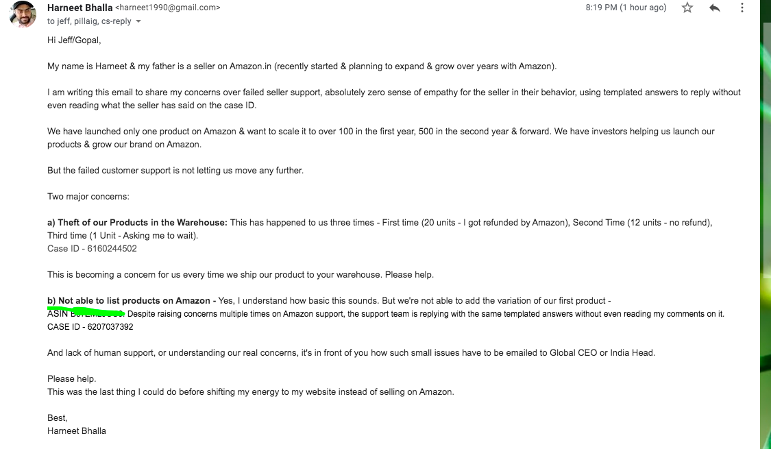 Harneetbhalla's tweet photo. @AmazonHelp Here's the email I wrote.
It has CASE IDs mentioned.
Let me know if possibly I can speak to someone who acts like a HUMAN.

@JeffBezos @GopalPillai https://t.co/qAUfOAjS8J