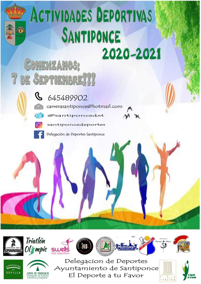 SantiponceAyto's tweet photo. Informamos a nuestros vecinos y vecinas que, si la situación sanitaria lo permite, el próximo mes de septiembre se retomarán las actividades deportivas en Santiponce, impulsadas por la Delegación de Deportes de este Ayuntamiento.

#SeguimosTrabajando
#AyuntamientoSantiponce https://t.co/nXnSpiWqiz
