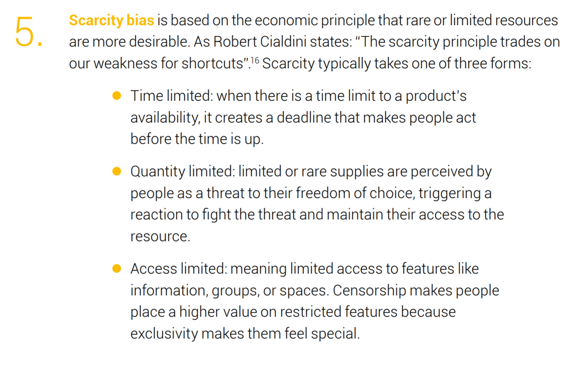 The Six Biases: 5.Fifth is 'scarcity bias'.An ecommerce product detail page that says '1 left in stock' may be more likely to convert than one that says nothing, even if there is 1 left in stock. Brands like Supreme, holiday special offers, ltd editions all play on scarcity.