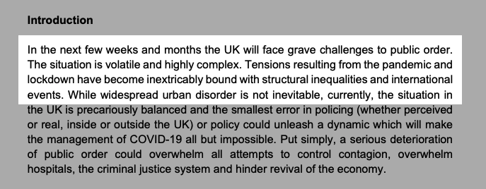 "In the next few weeks and months the UK will face grave challenges to public order.The situation is volatile and highly complex. Tensions resulting from the pandemic and lockdown have become inextricably bound with structural inequalities and international events. "