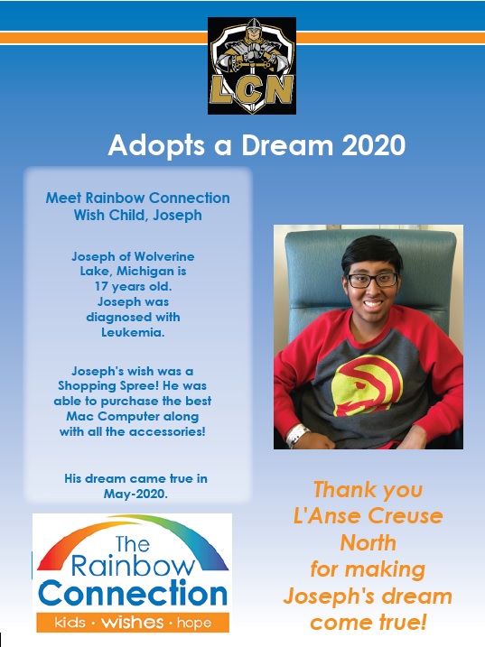 GADMICH's tweet photo. In March, L'Anse Creuse High School - North raised over $22,000 during the 2020 Charity Week. Half of the money raised went to the Rainbow Connection and we were able to help Joseph's and Azaria's wishes come true! #LivingLanseCreuse #LanseCreusePublicSchools #CrusaderNation https://t.co/OMNm4I65zW