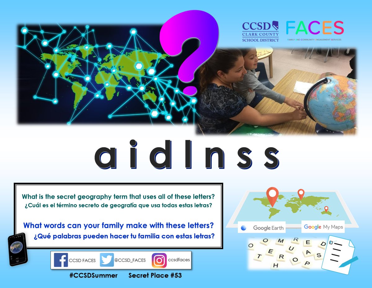 CCSDFamily's tweet photo. It's #FavoriteFriday & we saved one of the most popular geography terms for the final summer puzzle! Be the first family to unscramble the letters!
(Tip: Enhance your family's phonics, spelling, & geography skills by searching #CCSDSummer & solving all 53 secret place puzzles.) https://t.co/dZswet7RbR