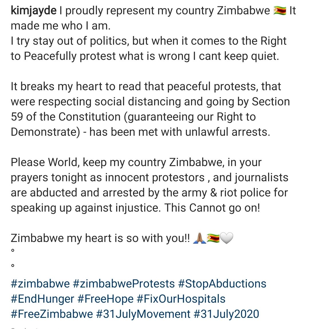 KimJaydeBlog's tweet photo. Dear World
I pray you keep my country Zimbabwe in your prayers tonight as innocent protestors &amp; journalists are abducted and arrested by the army &amp; riot police for speaking up against injustice.This Cant go on!
#zimbabwe #StopAbductions  #FreeZimbabwe #31JulyMovement #31July2020 https://t.co/T1PLNtPNNb