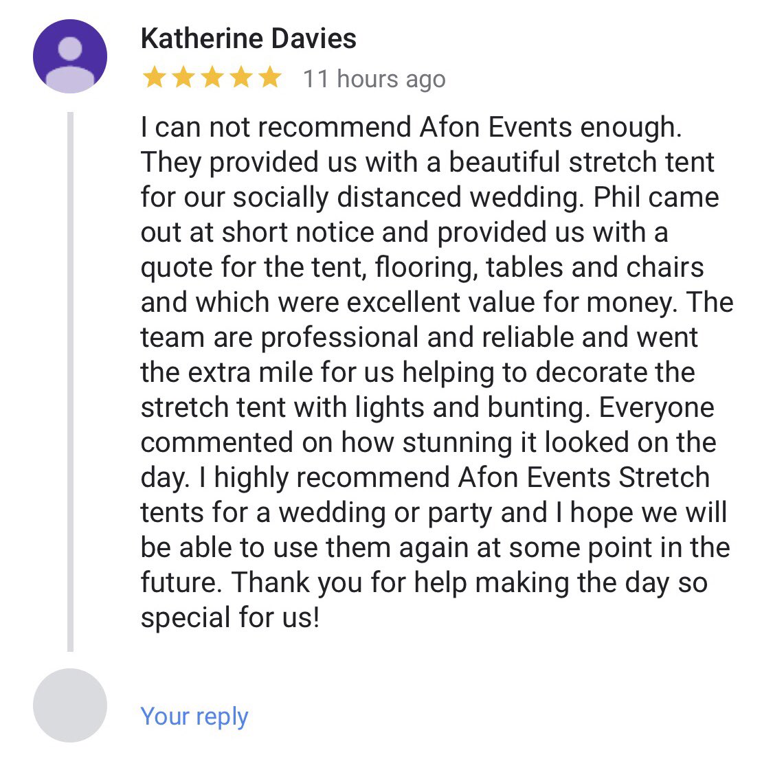 AfonEvents's tweet photo. This has made our day 😁

We produced our first ever socially distanced wedding two weekends ago - We’re so chuffed we could help Katherine, her new husband Lloyd &amp; their family celebrate!

Thank you so much for the review Katherine 👍

#responsibleevents #stretchtents https://t.co/9PCcNVjhvg