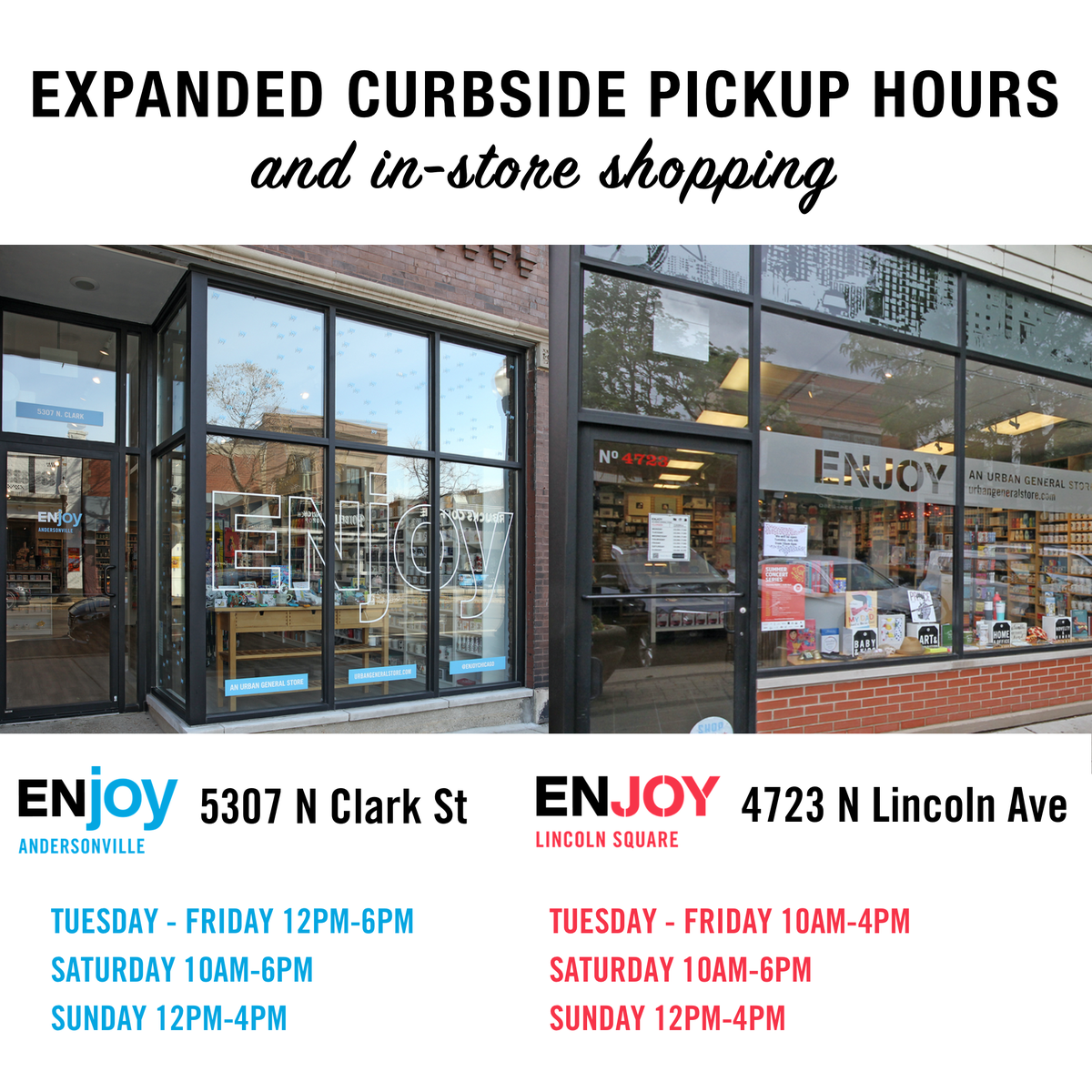 ENJOYCHICAGO's tweet photo. Extended Hours at @ENJOYCHICAGO!

As Chicago continues in Phase 4, we're extending hours at our retail locations in Andersonville-5307 N Clark St &amp; Lincoln Square-4723 N Lincoln Ave.

More info - https://t.co/hOvPrhmeAo. #enjoylincolnsquare #enjoyandersonville #enjoychicago https://t.co/UEWnJKKPb9