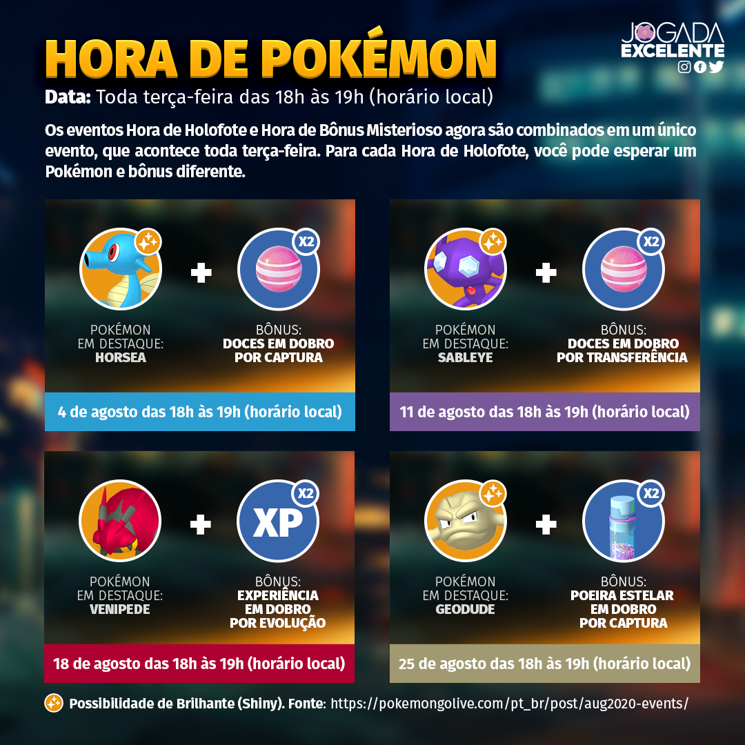 Horsea, Sableye, Venipede e Geodude serão os Pokémon da Hora de Pokémon em Destaque do mês de agosto. Confira nesse guia quais outros bônus você aproveita em cada dia.
⠀⠀⠀⠀⠀⠀⠀⠀⠀
Data: Toda terça-feira das 18h às 19h (horário local).