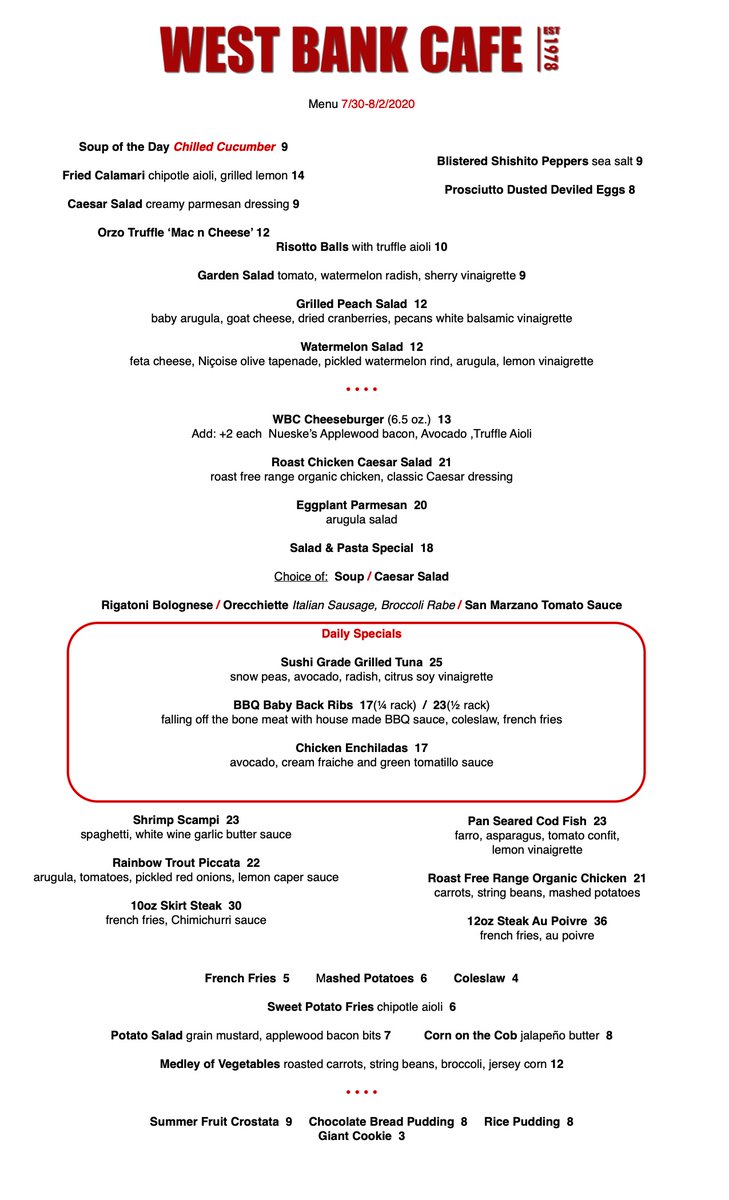 This week's menu!
Curbside pick up, delivery service &amp; outdoor seating 
Thursday-Sunday 1-9 pm
Reservations 212-695-6909