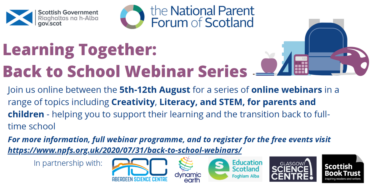 parentforumscot's tweet photo. Children and Young People will be back in school full-time by the 18th August. Parents - if you're looking for ways to support learning and the #backtoschool transition take a look at our webinar series starting next week: https://t.co/3l2VbCjFHr

#learningtogether https://t.co/v8BwZPYBN8