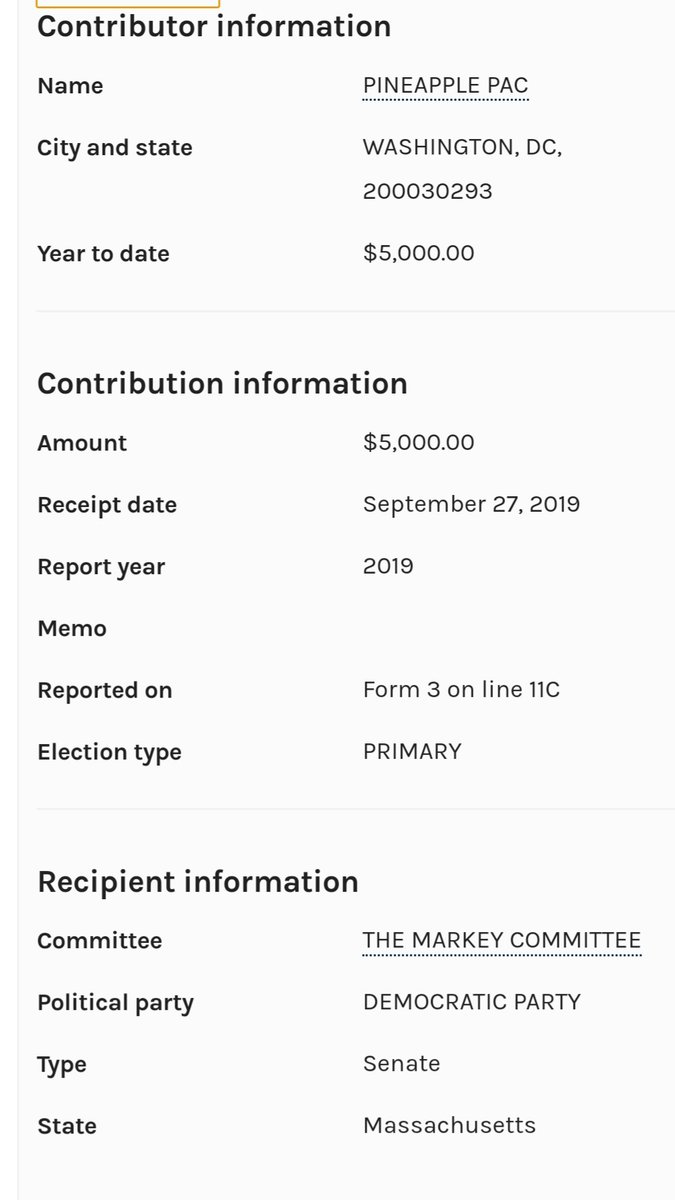 Markey has taken donations from PINEAPPLE PAC and NEW MILLENNIUM PACDonors include:—Northrop Grumman—General Dynamics—Google—Pfizer—Blue Cross—Gilead Sciences—Honeywell—Amazon—Citigroup—Lockheed Martin