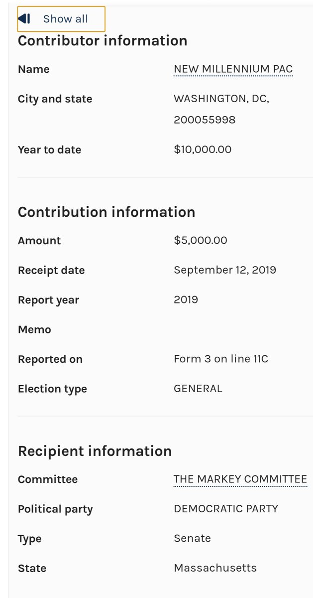 Markey has taken donations from PINEAPPLE PAC and NEW MILLENNIUM PACDonors include:—Northrop Grumman—General Dynamics—Google—Pfizer—Blue Cross—Gilead Sciences—Honeywell—Amazon—Citigroup—Lockheed Martin