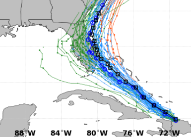"making landfall in  #Florida, but every track for a strong Isaías keeps the  #hurricane offshore. Right now the National Hurricane Center is forecasting a 90 MPH hurricane in the northwest Bahamas.” (image courtesy  @weatherbell) 9/