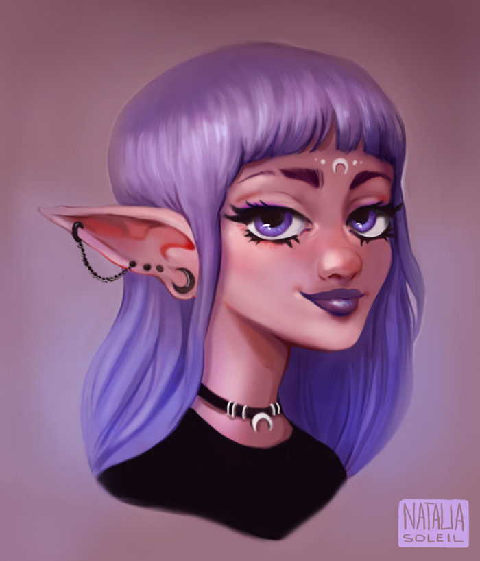NataliaSoleil's tweet photo. Wanted to draw an edgy elf witch🧙‍♀️
Are elf witches a thing? Well i decided they are now! 
Any name ideas? 🤔 
#elf #elfwitch #witch #edgy #cute #characterdesign #modernwitch #goth #fantasy #nataliasoleil #illustration #witchyvibes #gothgirl #purpulehair #crescentmoonjewlery https://t.co/0znwmkKnbs