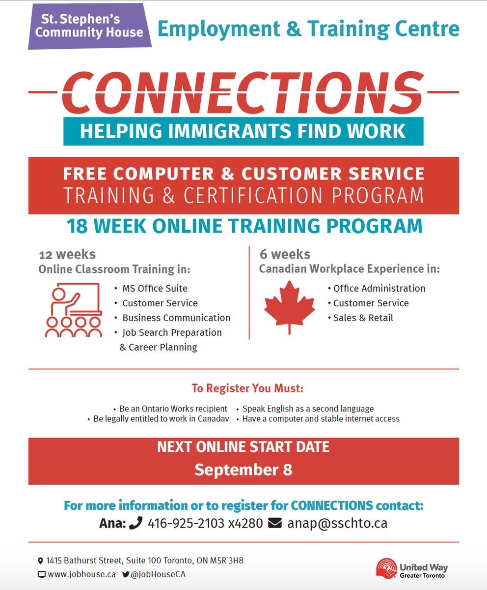 JobHouseCA's tweet photo. Our next Connections group will be starting September 8th, 2020 virtually! This program contains 12 weeks of online training and 6 weeks of workplace experience! To register please connect with Ana  416-925-2103 ex. 4280 or anap@sschto.ca #newcomerprogram  #newcomer #jobseekers https://t.co/VwMvLWWZex