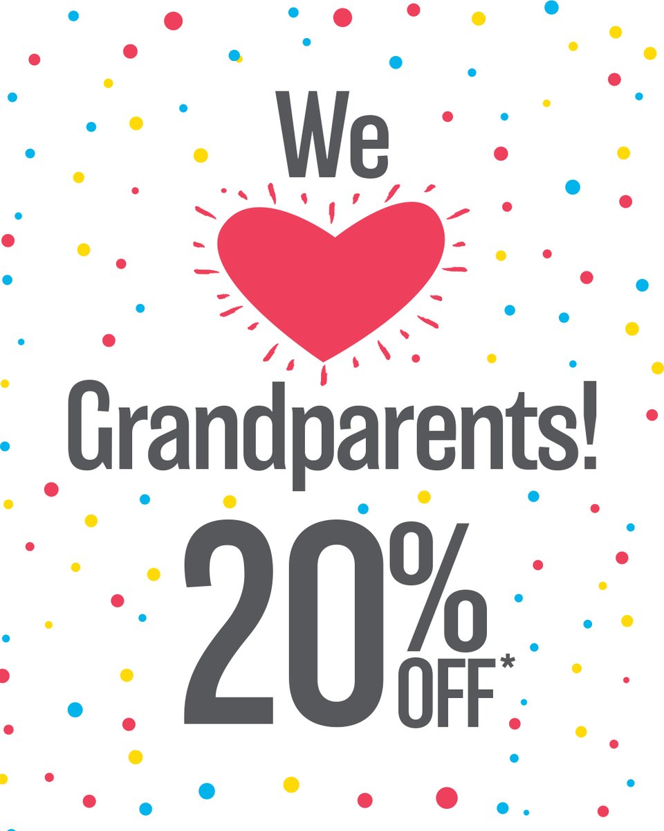 😍 Tuesday, August 4 is Grandparents Day! It's our once-a-month event when ALL grandparents enjoy 20% off regular-price items in our stores – so limber up those shopping muscles and we’ll see you soon…. 🛍️