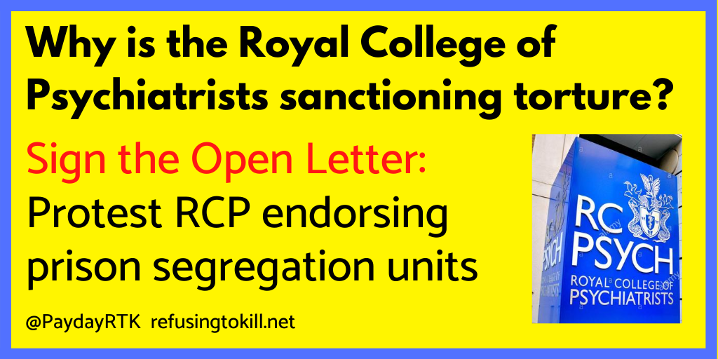 PaydayRTK's tweet photo. Prisoners in CSCs report they are: held in their cells 24 h/day, deprived of food as punishment; intentionally kept isolated from family &amp; guards attack prisoners with impunity. Yet @rcpsych endorses these units! Pls sign &amp; circulate open letter to protest https://t.co/zGZojgs6VT https://t.co/sADTBwNjQw