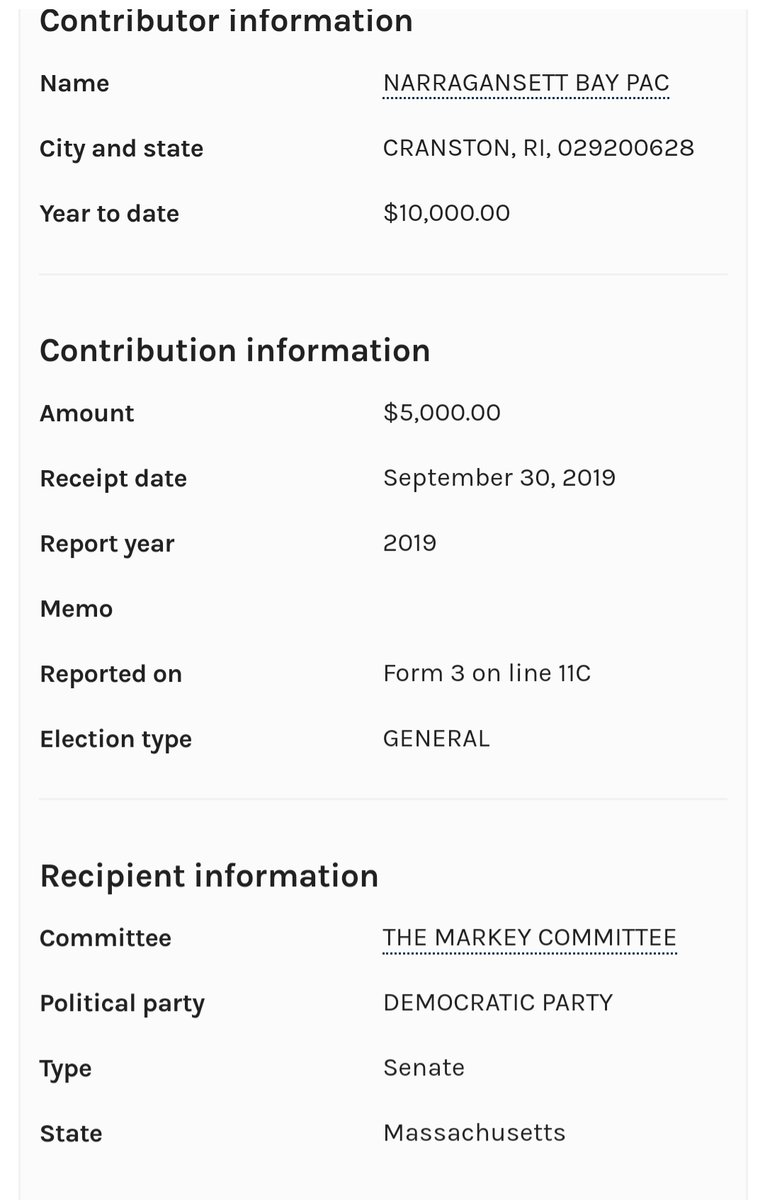 Markey has also taken cash from NARRANGANSET BAY PAC and FUND FOR THE MAJORITY PACDonors include:—General Dynamics—Honeywell—Northrop Grumman—Lockeed Martin—Raytheon—PG&E—Merck—CVS Health (Aetna)—Deutsche Bank