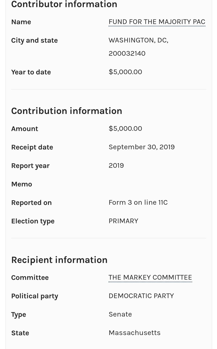 Markey has also taken cash from NARRANGANSET BAY PAC and FUND FOR THE MAJORITY PACDonors include:—General Dynamics—Honeywell—Northrop Grumman—Lockeed Martin—Raytheon—PG&E—Merck—CVS Health (Aetna)—Deutsche Bank