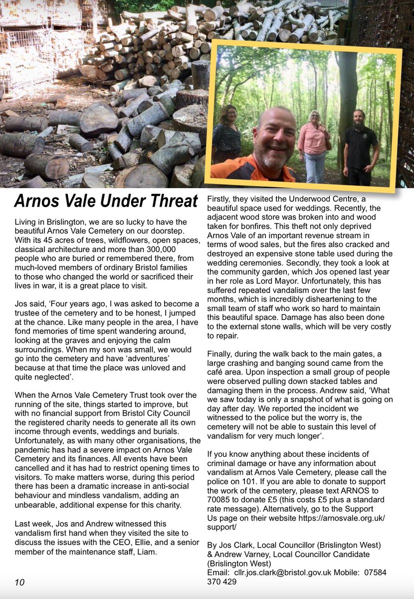 BrisLibDems's tweet photo. @ArnosValeCem is a charity that’s seen a big fall in income during the pandemic & can’t afford the extra expense of rectifying damage caused by vandalism. If you see such behaviour, contact the police. Jos & Andrew have written more about it in our weekly #DirectLocal column. https://t.co/Bv3NglNiki