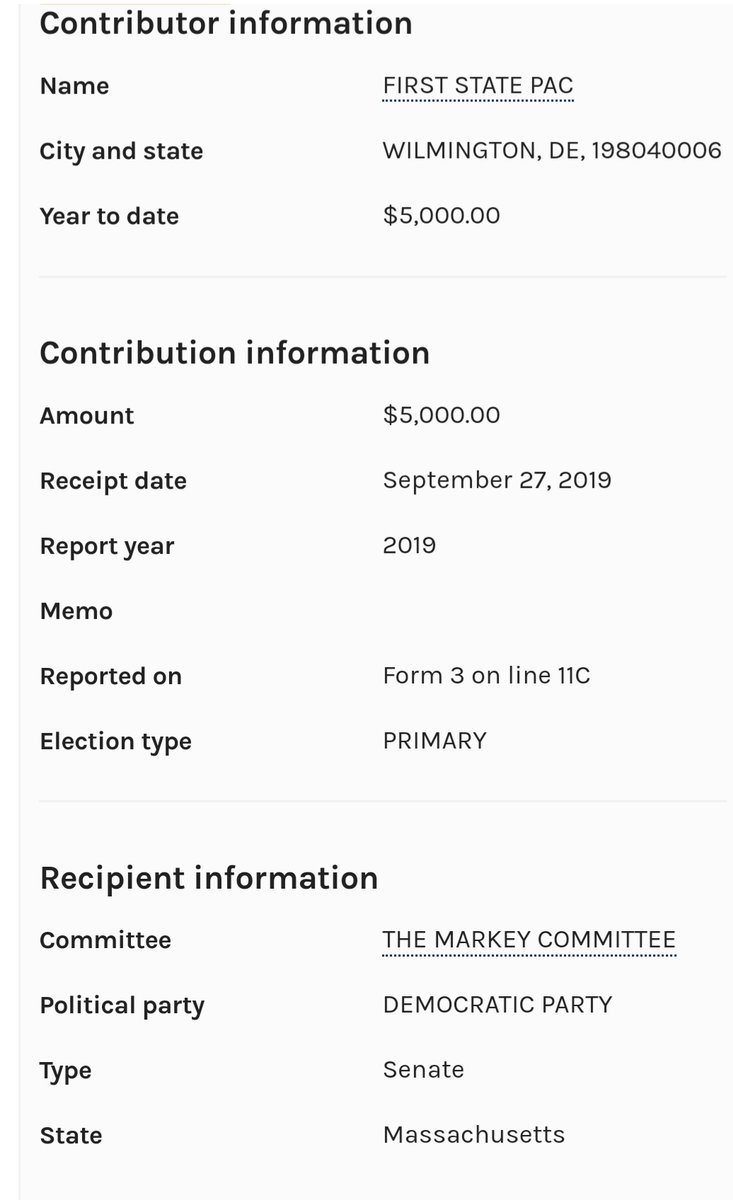 FIRST STATE PAC and ALL FOR OUR COUNTRY have donated to Markey's campaign as well.Donors include:—Merck—JPMorgan—Blue Cross—Google—Bank of America—Pfizer—General Dynamics—Northrop Grumman—Honeywell