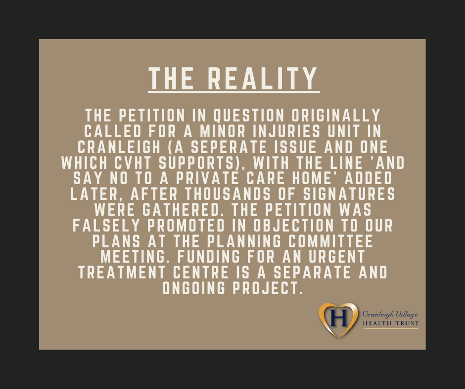 CranleighHealth's tweet photo. 4,500 signature petition to stop Cranleigh Village Health Trust bringing back community beds? Not quite. The real story is quite different to what some will have you believe. Visit our virtual exhibition at https://t.co/zTAgNPD2b0 to learn more. https://t.co/pPDc8IGg59