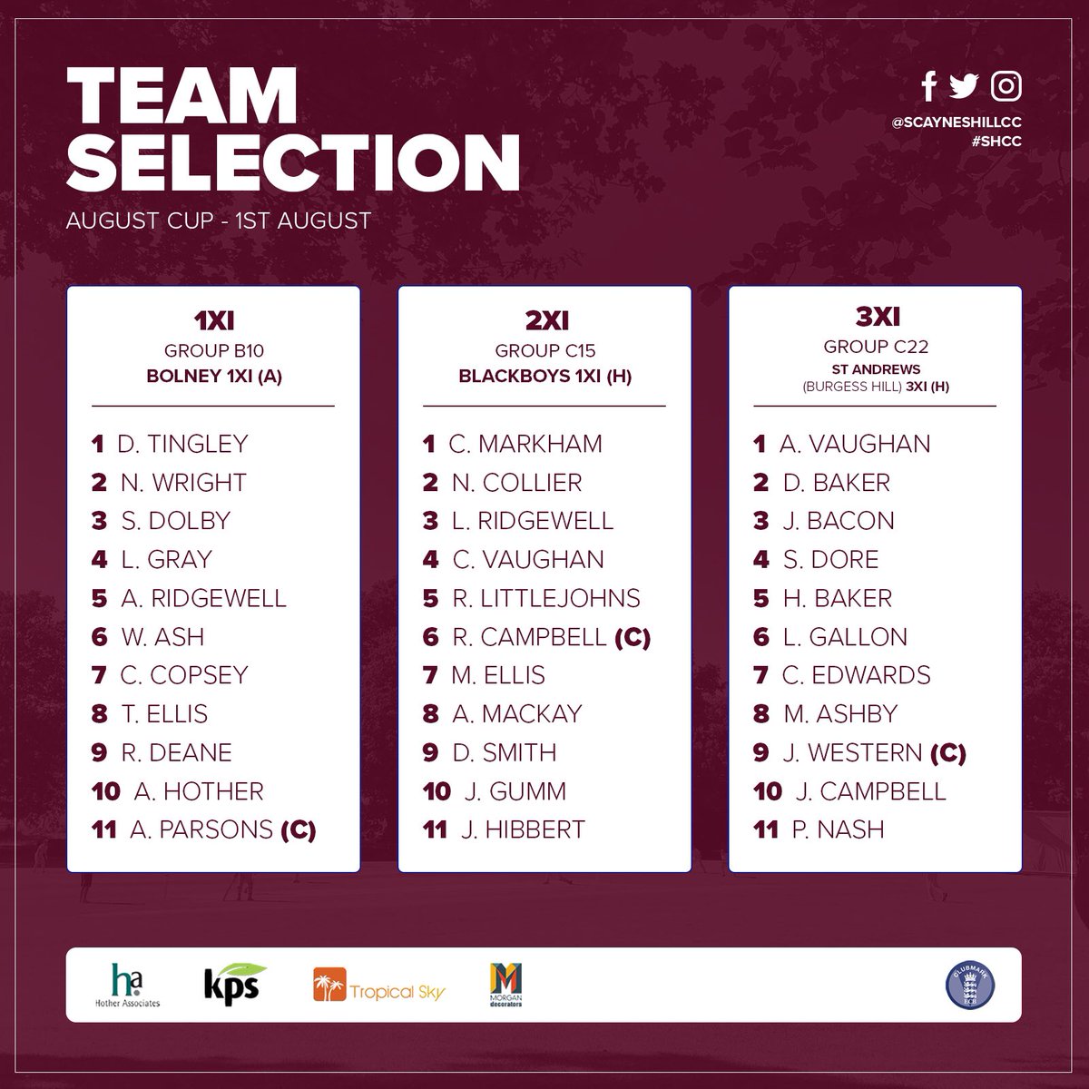 🏆 August Cup 
👕 Saturday Team News 
#SHCC