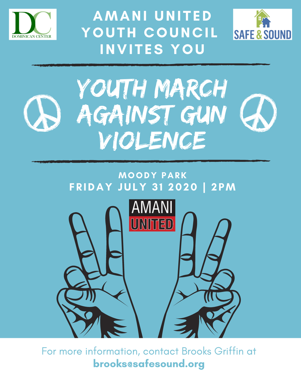 SafeSoundInc's tweet photo. After today's Virtual Plug In with Amani's Youth Council be sure to join their Youth March Against Gun Violence at 2:00 from Moody Park ✌
️#Peace #March #Protest #GunViolence #SafeSoundSummer https://t.co/EyS8ZTAVxl