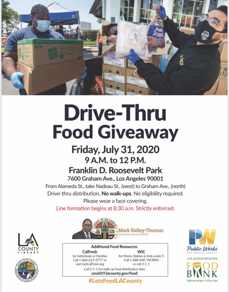 RonFisher5's tweet photo. Supv@mridleythomas with @lacountyparks @LAFoodBank @LACountyLibrary @ladpw and others host today’s Food Giveaway at Roosevelt Park in Florence-Firestone from 9am-noon...#drivethroughfoodgiveaway #helpingfamiliesduringcovid @emilypresents @mahrinuh @KarlyKatona @MKJones2 https://t.co/g9xw97BIHa